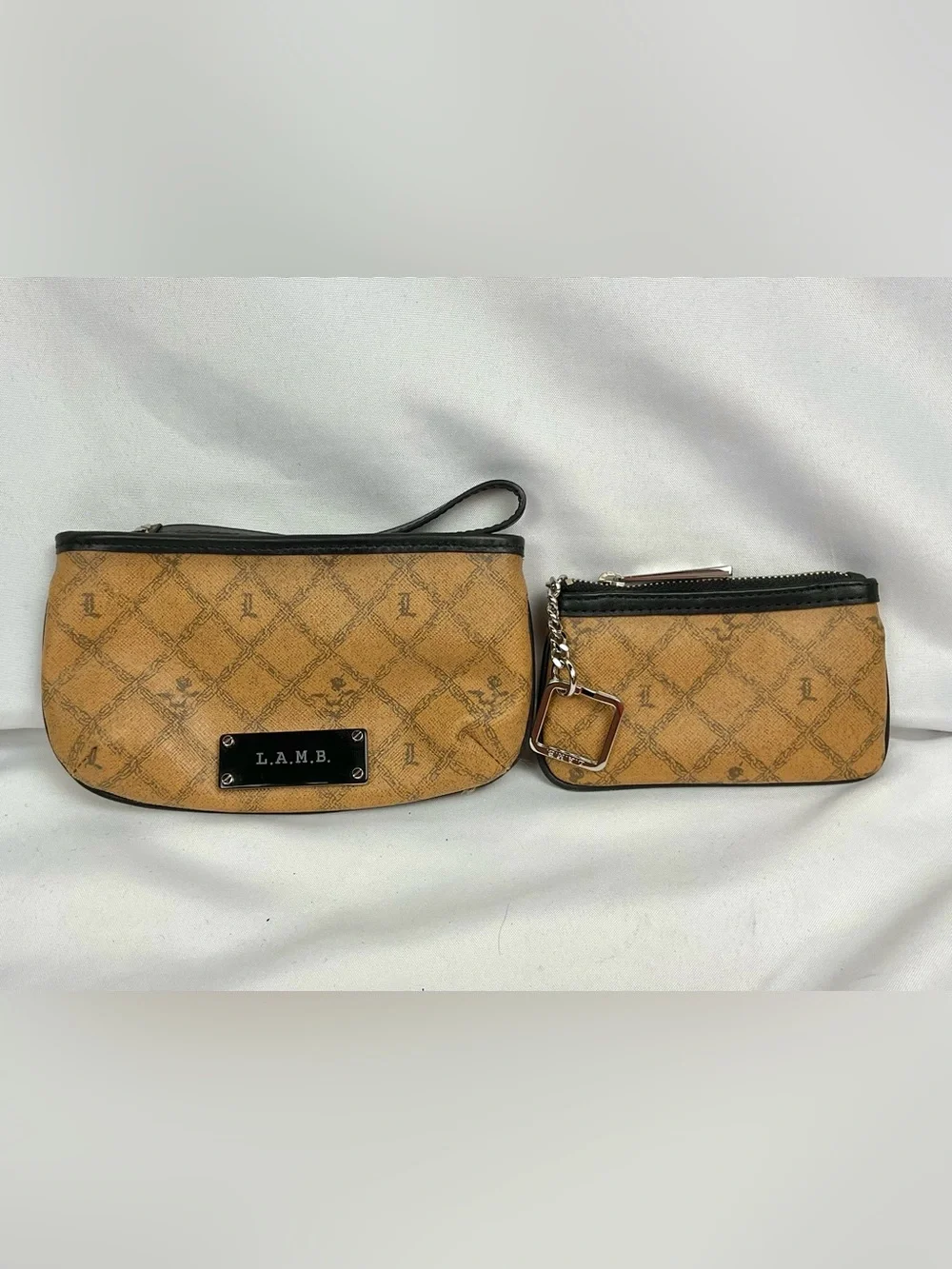 L.A.M.B. Logo Print Set Wristlet Pouch Coin Purse Brown Black NWOT Monogram